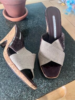 Donald J. Pliner Beige Fabric and Dark Brown Croc-Trim Wedge Mules